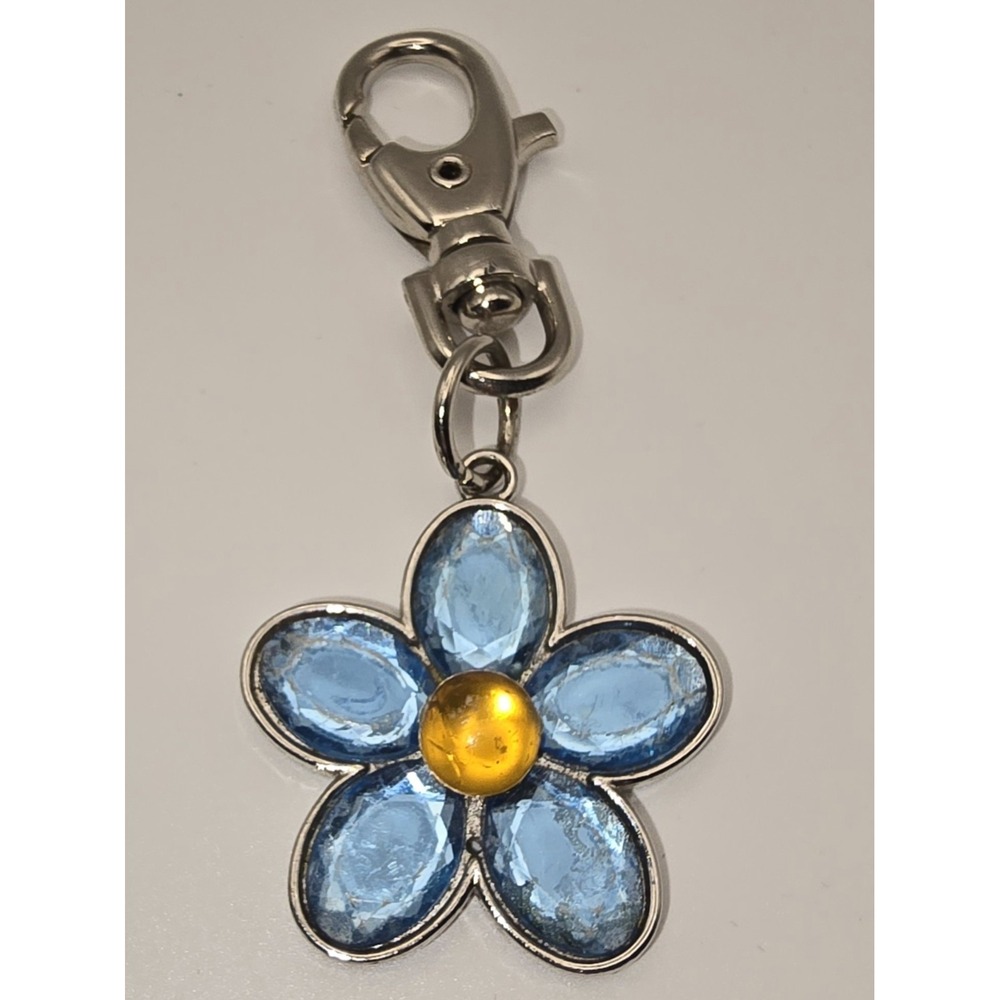 Silver Tone Pure Charm Daisy Key Chain Blue And Amber Rhinestones Floral -576